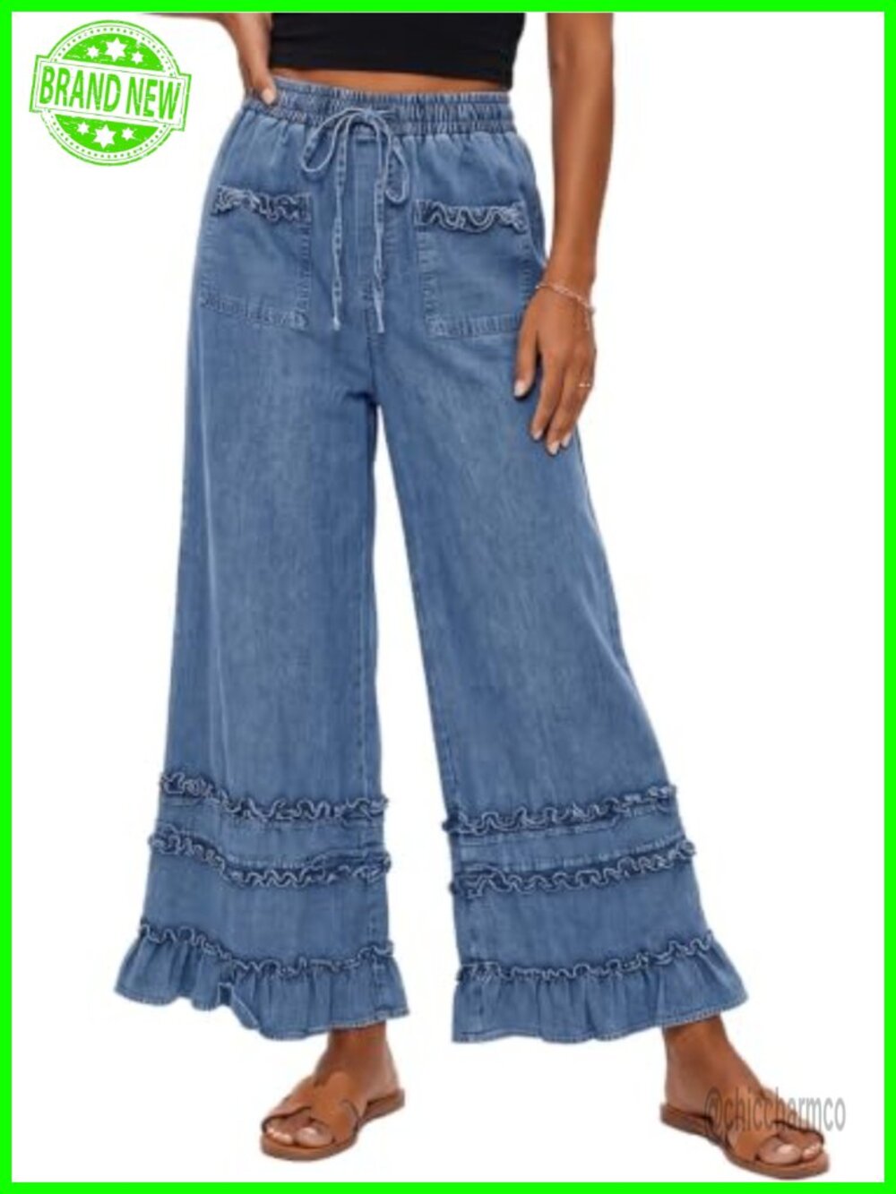 100% Cotton Wide Leg Jeans Ruffle Elastic Waist Drawstring Pants